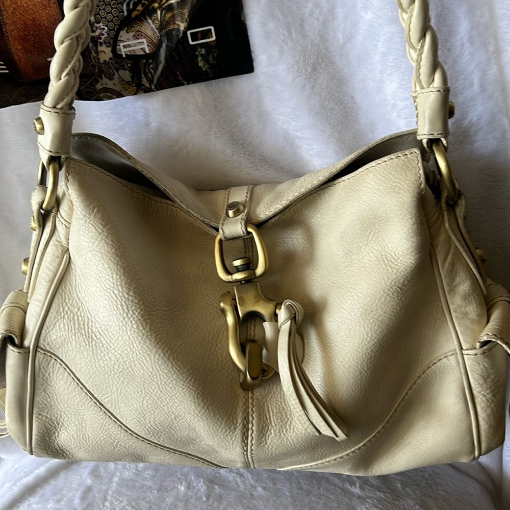Cream Leather Shoulder Bag with Brass Hardware